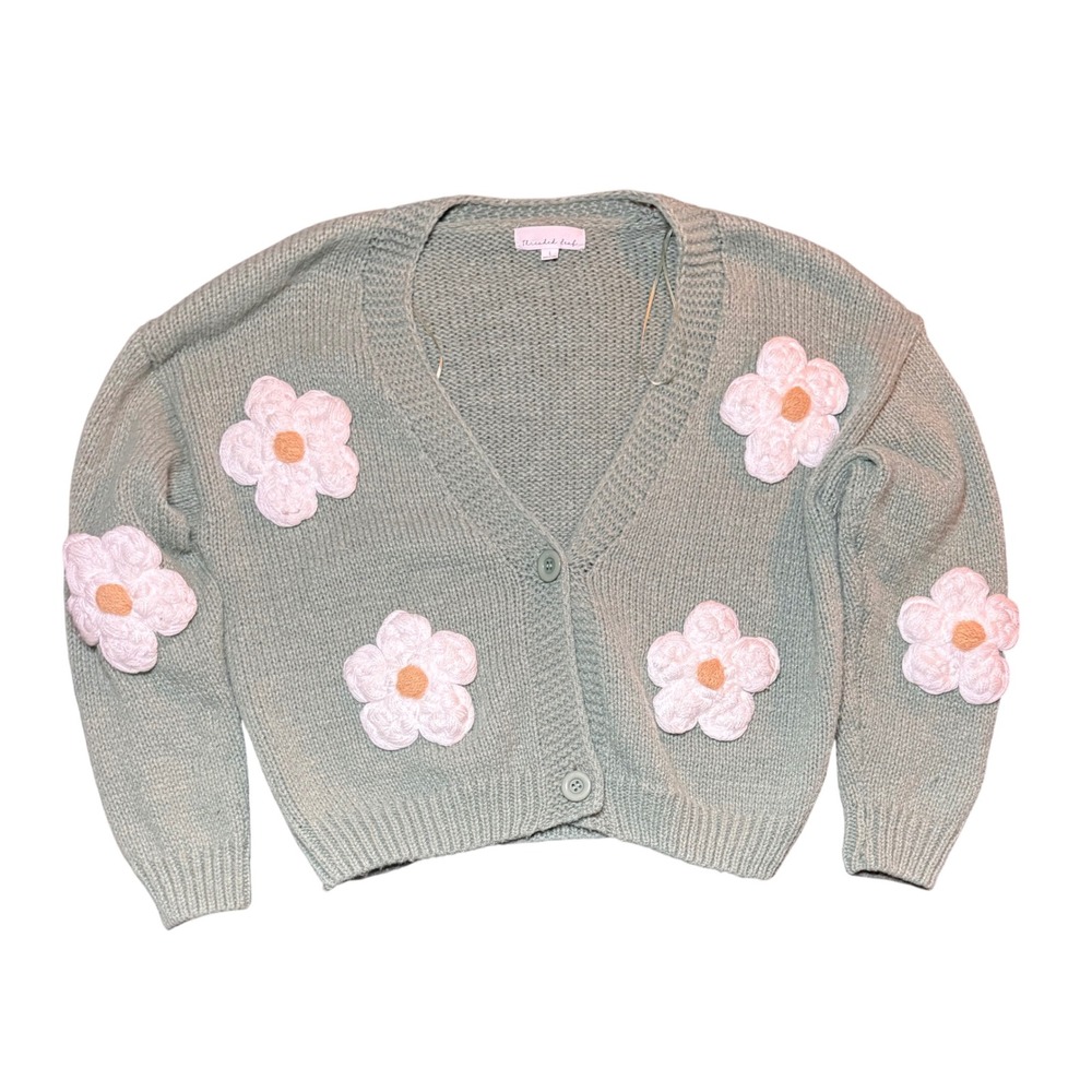 Threaded Leaf CC0482 Crochet Flower Cardigan Womens Large Sage Green Chunky Knit